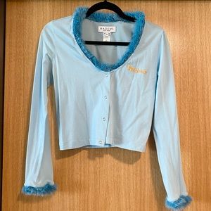 MadeMe Blue Fur Trim Snap Closure Long Sleeve Crop Top